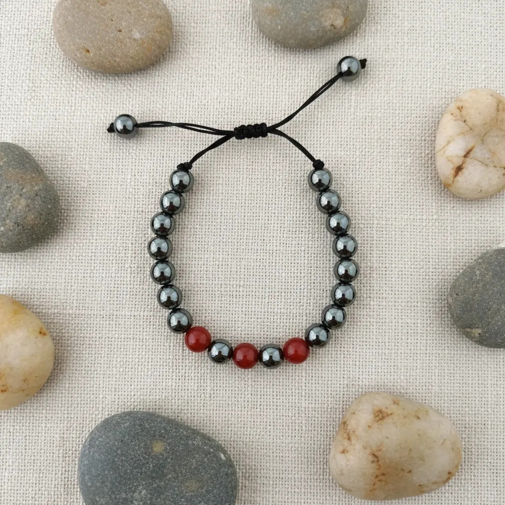 Pulsera Ajustable Hematita Piedra Natural Fuerza Equilibrio Con Cornalina 35 Cm