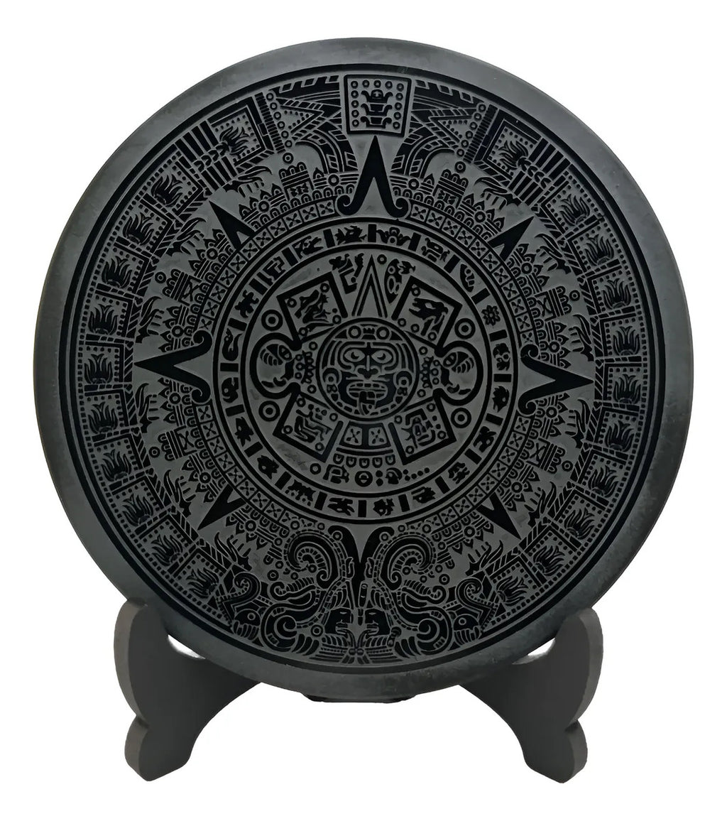 Espejo Obsidiana 10 Cm Grabado Piedra Sol Calendario Azteca