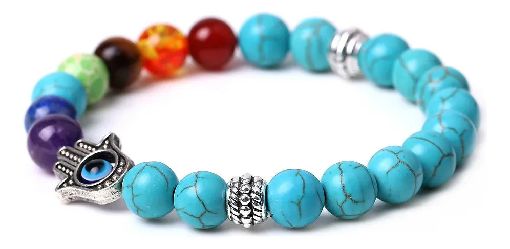 Pulsera Turquesa Natural Mano De Fátima Ojo Turco Protección
