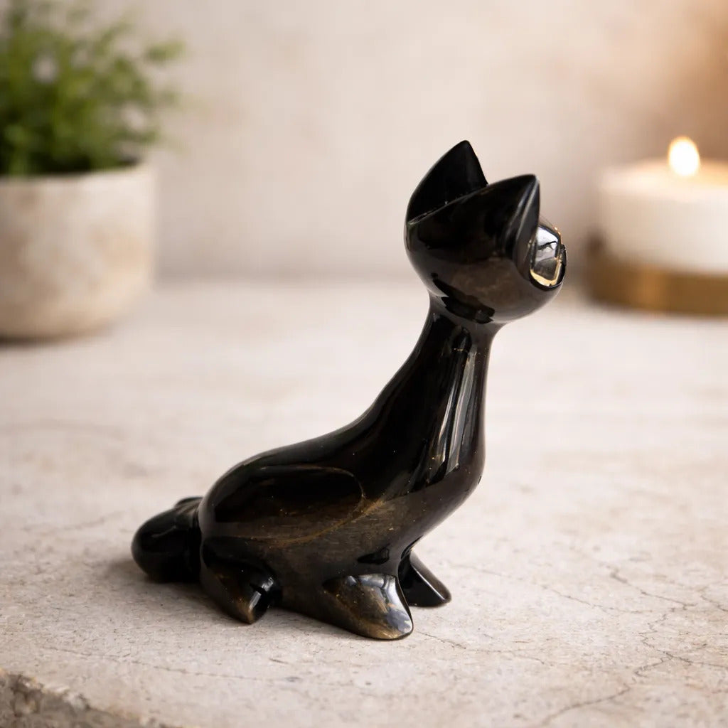 Figura Gato Obsidiana Dorada 9 Cm Artesanal Protección