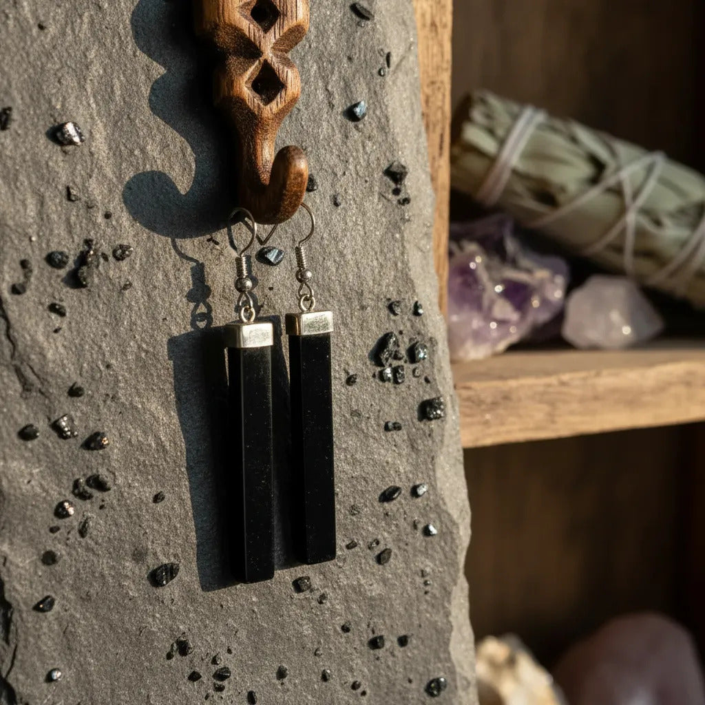 Aretes Largos Artesanales Obsidiana 5 Cm Protección Energía