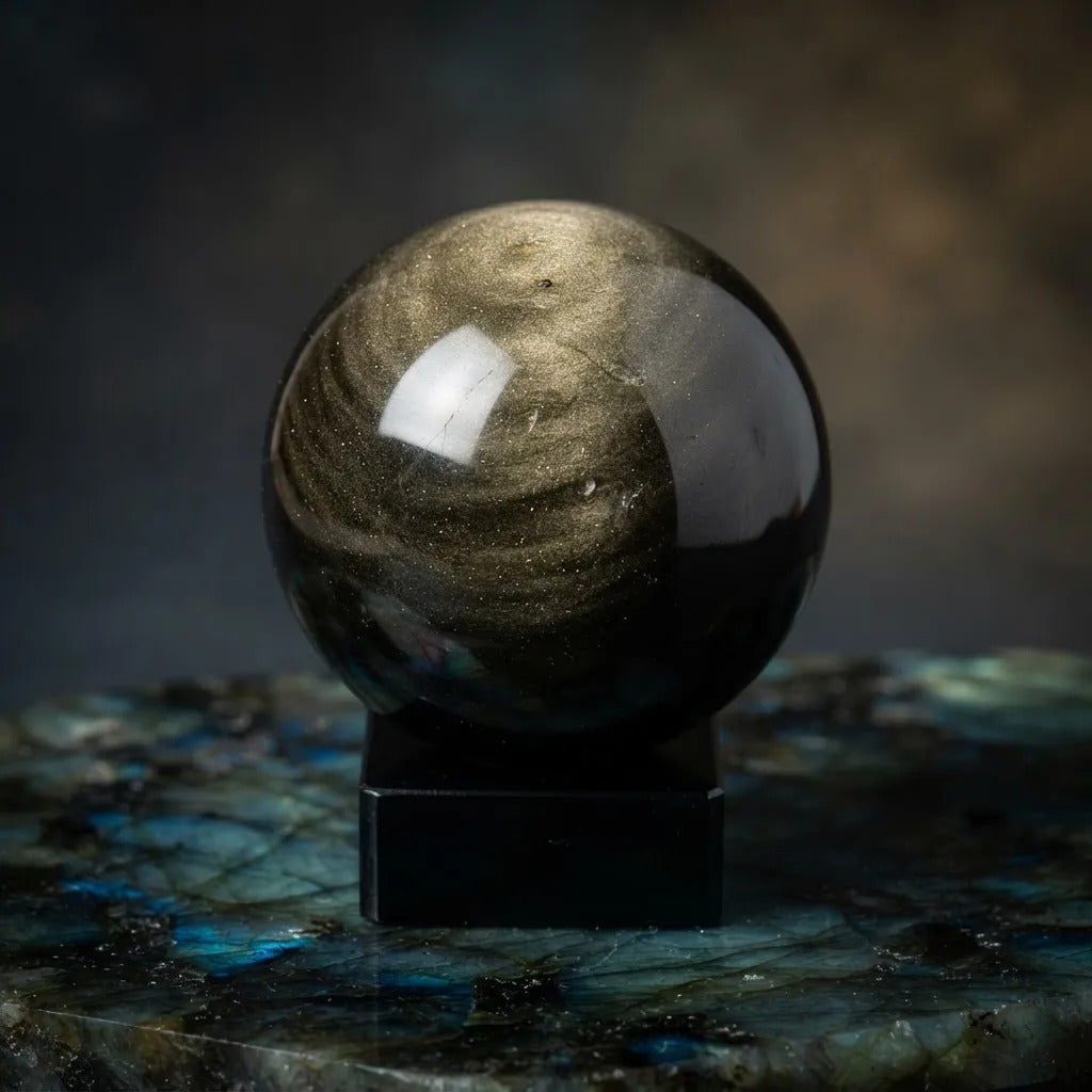 Esfera Obsidiana Dorada Con Base Protección Energética Obsidiana Dorada
