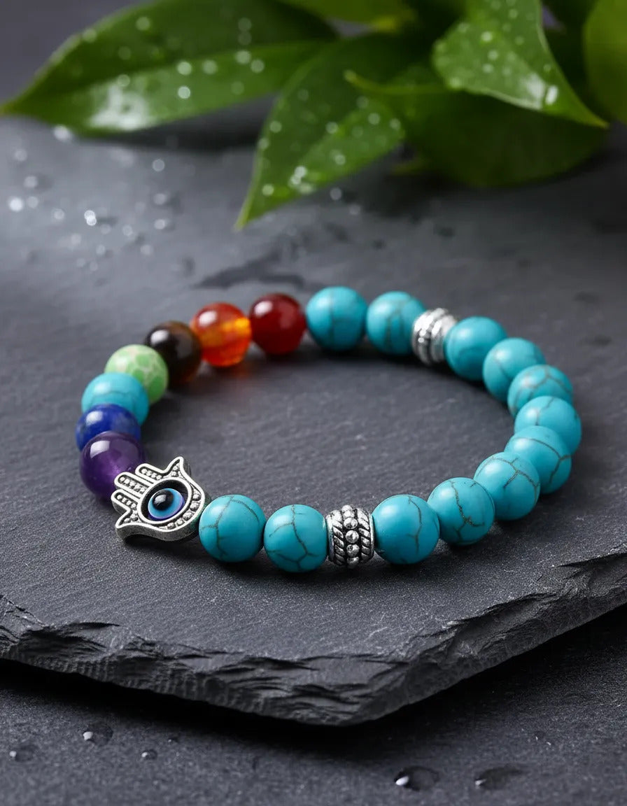 Pulsera Turquesa Natural Mano De Fátima Ojo Turco Protección