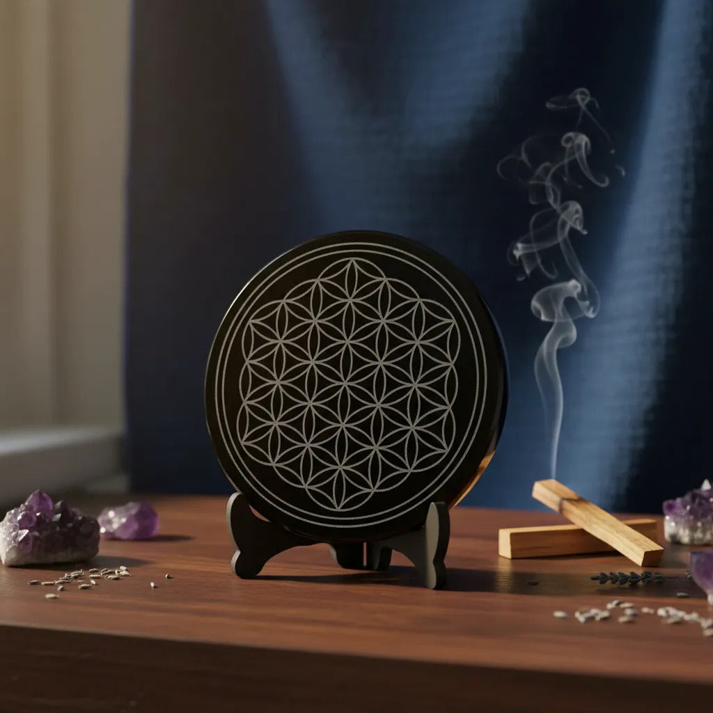 Espejo Obsidiana 10cm Grabado Protección Energética A Elegir