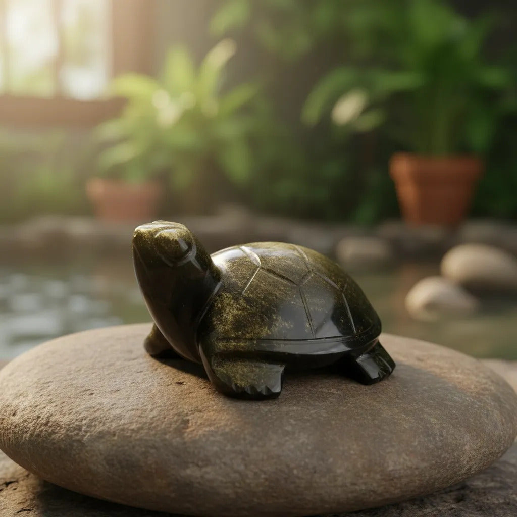 Figura Tortuga Obsidiana Dorada 10 Cm Artesanal Protección