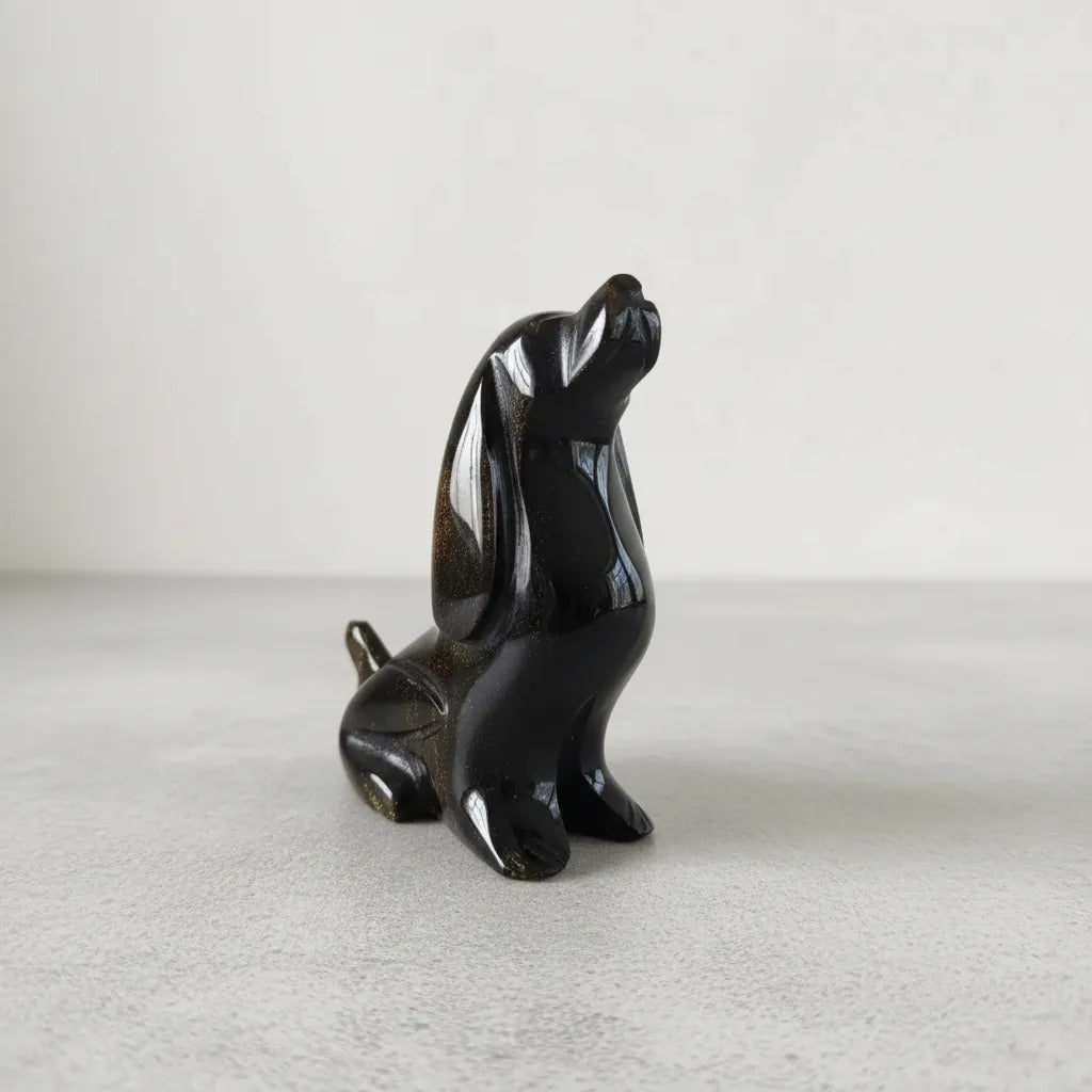 Figura Perro Obsidiana Dorada 9 Cm Artesanal Protección