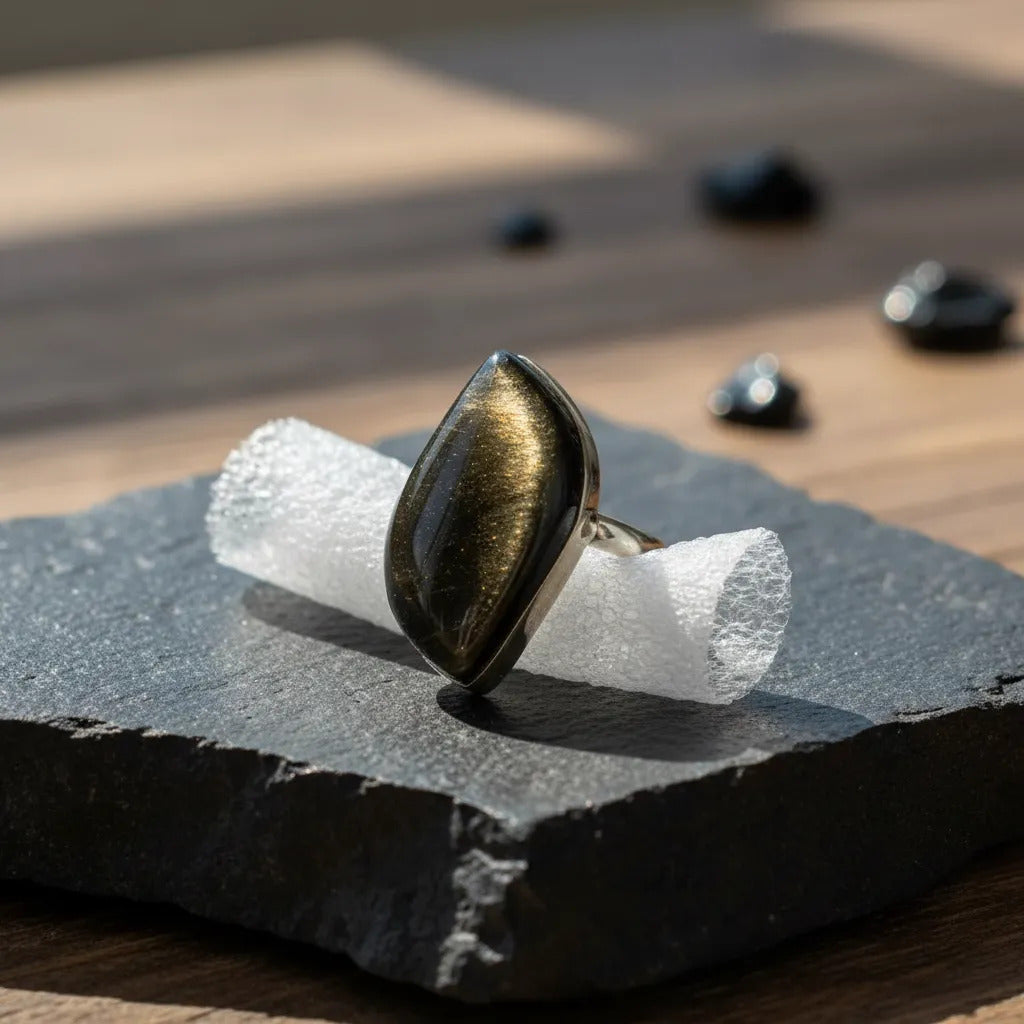 Anillo Obsidiana Dorada Ajustable Protección Forma A Elegir