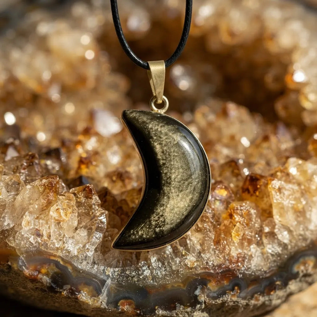 Dije Luna Obsidiana Dorada Natural Protección Energética Luna