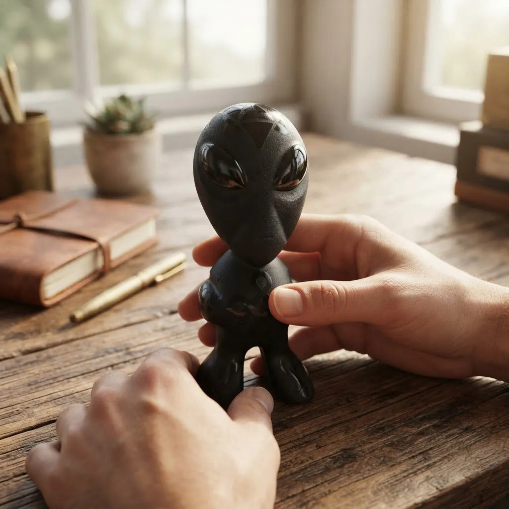 Figura Alien Obsidiana Negra Grabado Artesanal Protección Grabado 3