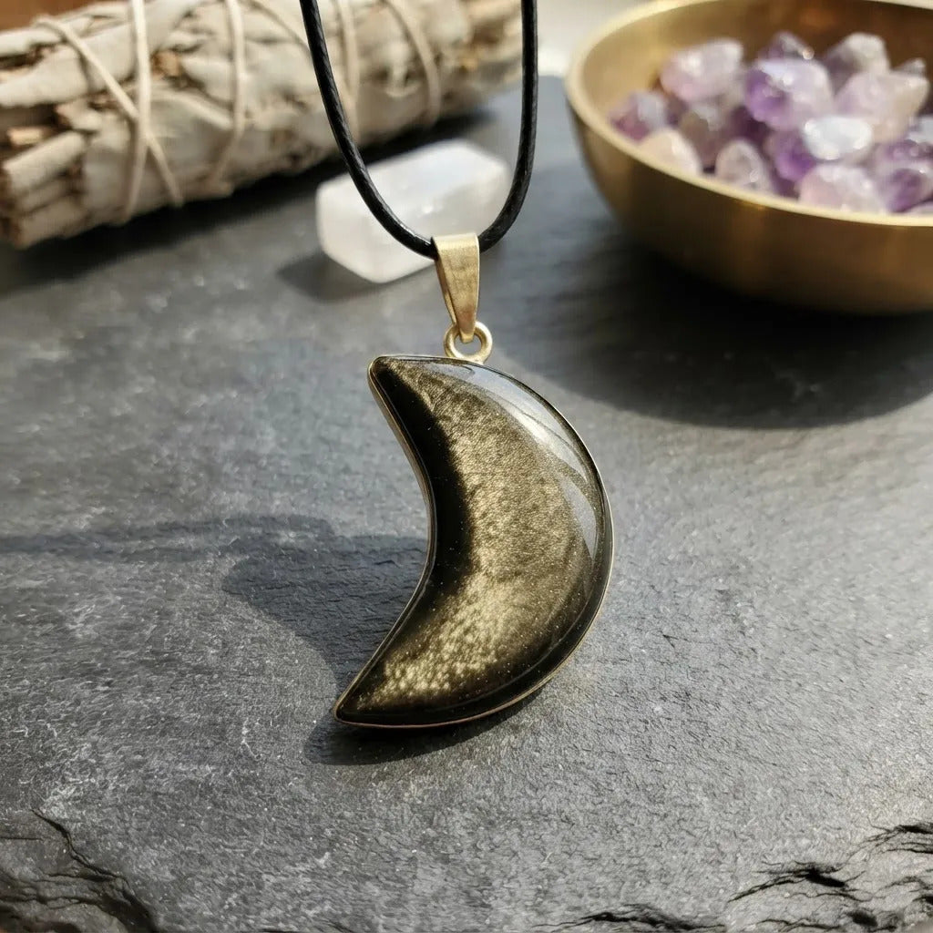 Dije Luna Obsidiana Dorada Natural Protección Energética Luna