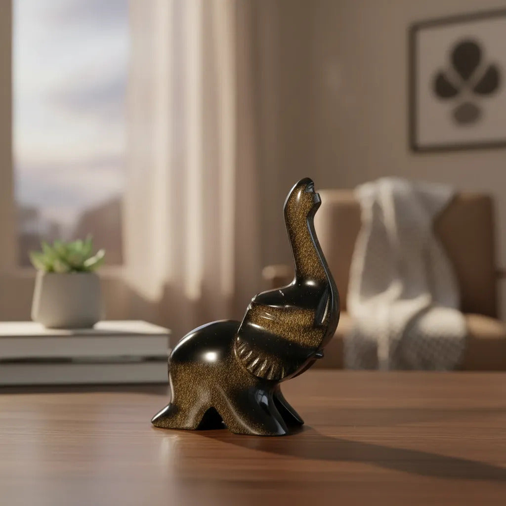 Figura Elefante Obsidiana Dorada 9 Cm Artesanal Protección