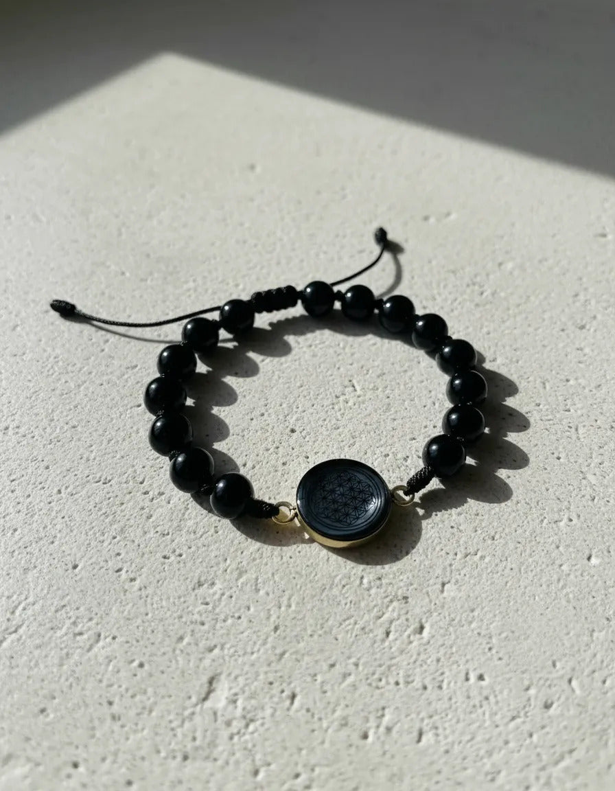 Pulsera Ajustable Obsidiana Con Flor De La Vida Armonía