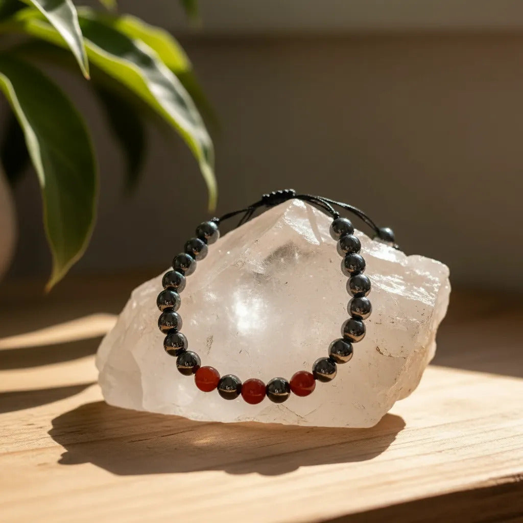 Pulsera Ajustable Hematita Piedra Natural Fuerza Equilibrio Con Cornalina 35 Cm