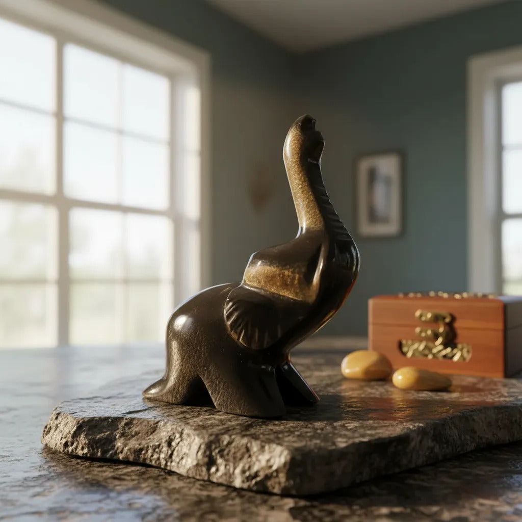 Figura Elefante Obsidiana Dorada 9 Cm Artesanal Protección