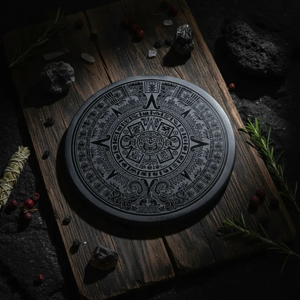 Espejo Obsidiana 10 Cm Grabado Piedra Sol Calendario Azteca