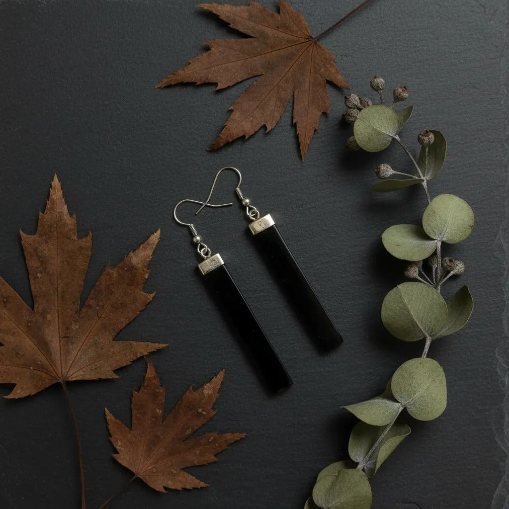 Aretes Largos Artesanales Obsidiana 5 Cm Protección Energía