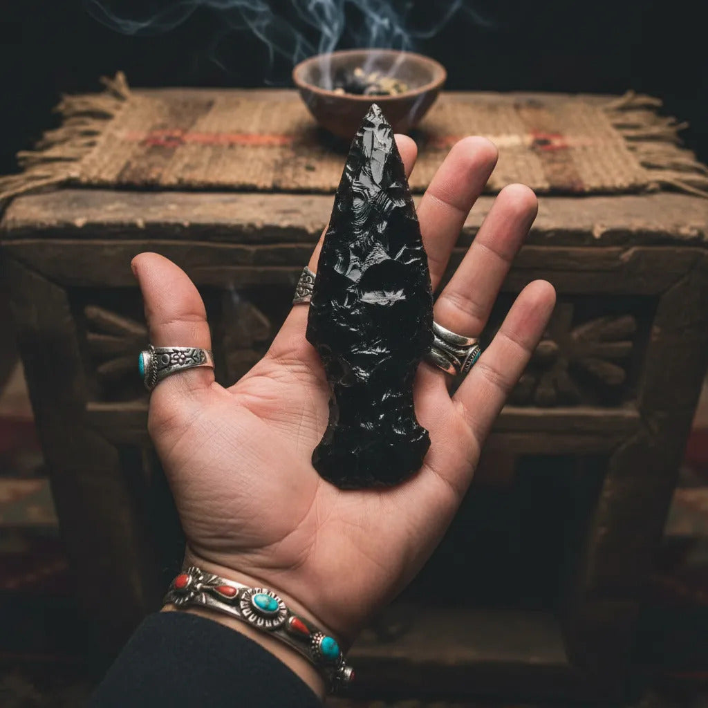 Punta Lanza Bastón Artesanal Obsidiana Negra Ceremonial Bastón