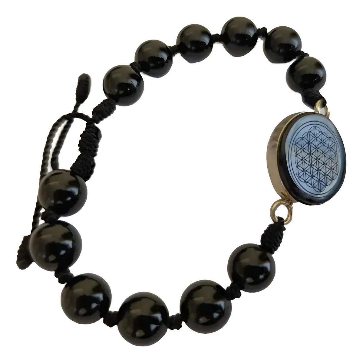 Pulsera Ajustable Obsidiana Con Flor De La Vida Armonía