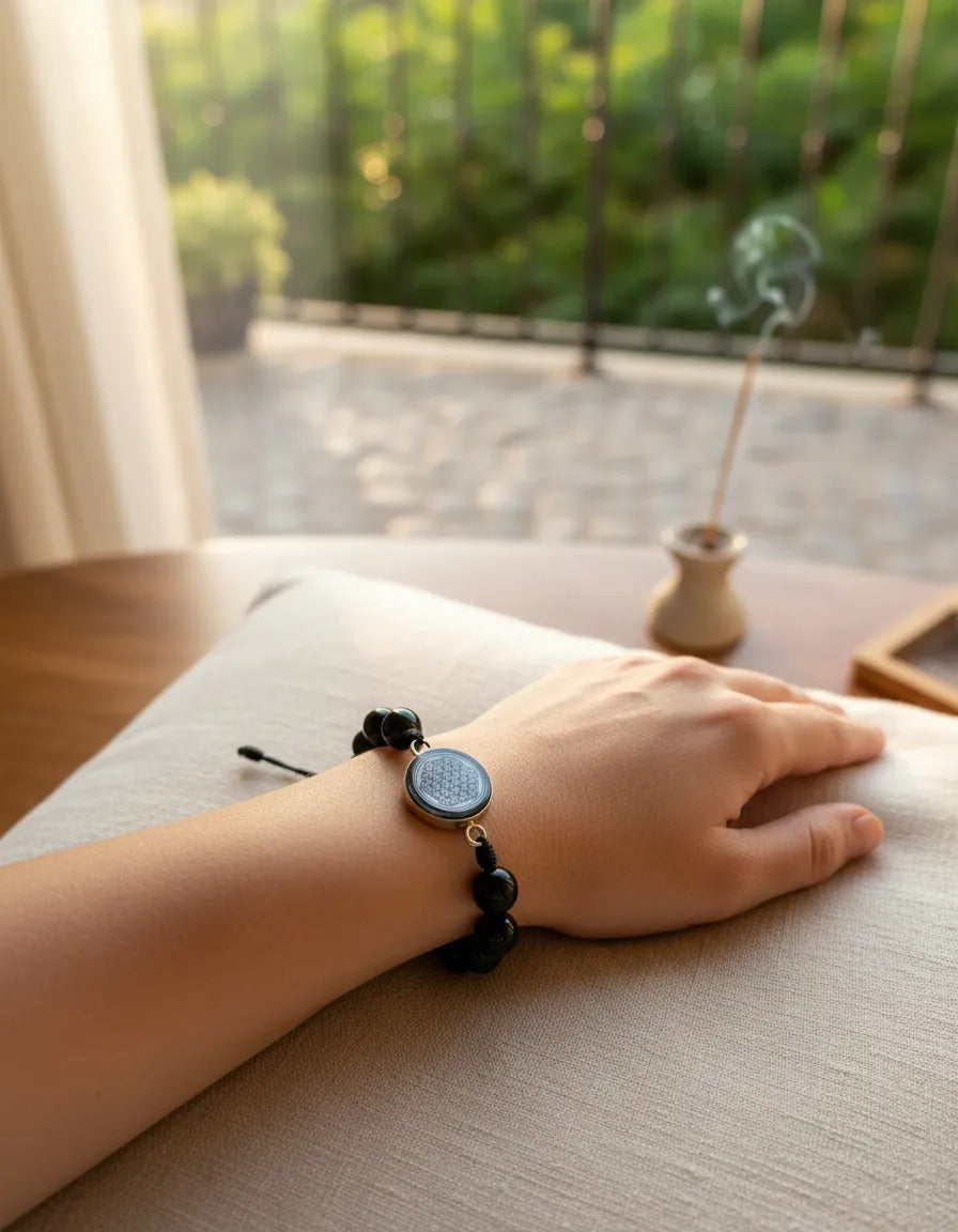 Pulsera Ajustable Obsidiana Con Flor De La Vida Armonía