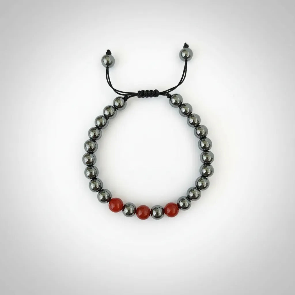 Pulsera Ajustable Hematita Piedra Natural Fuerza Equilibrio Con Cornalina 35 Cm