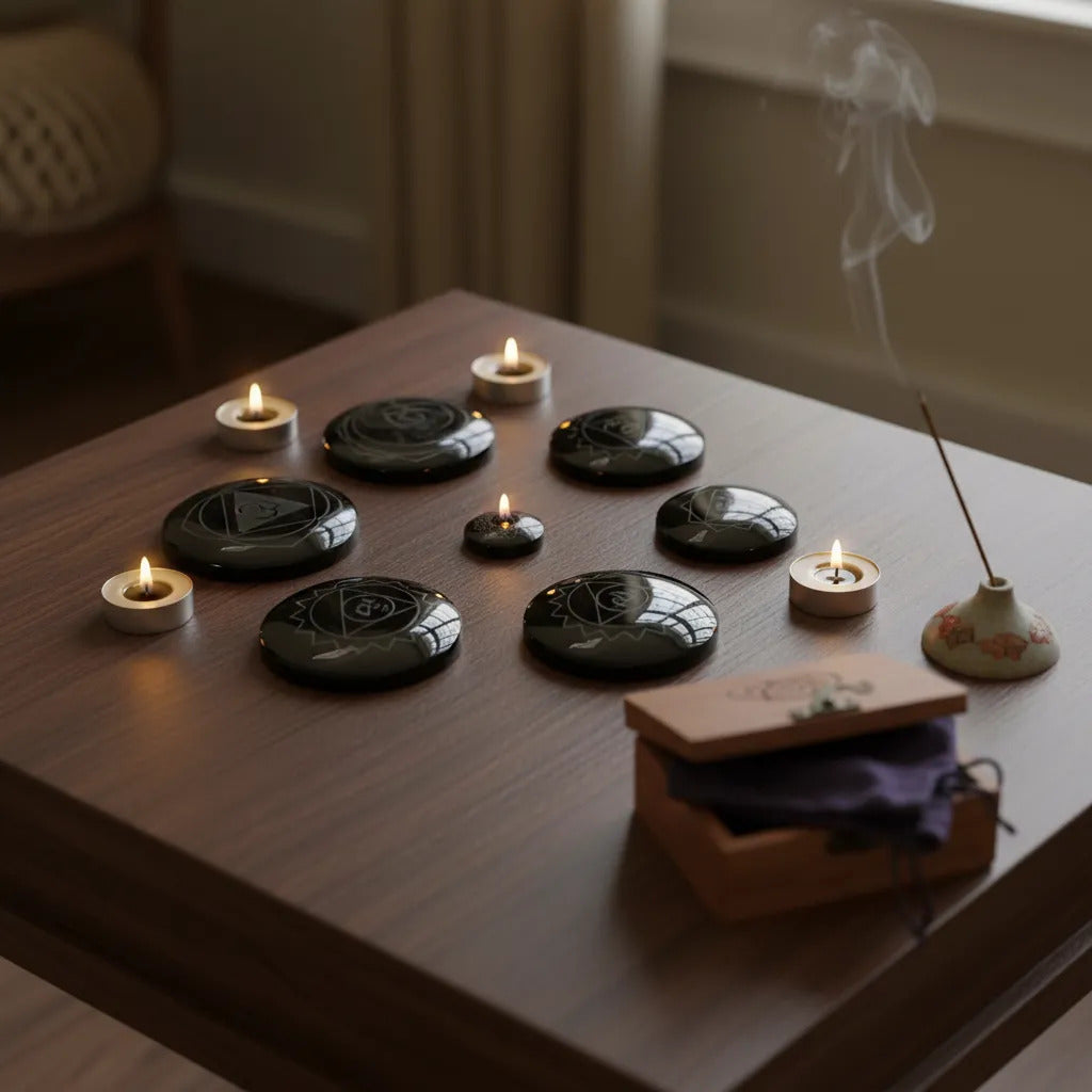 Set 7 Chakras Obsidiana Grabada Equilibrio Energético