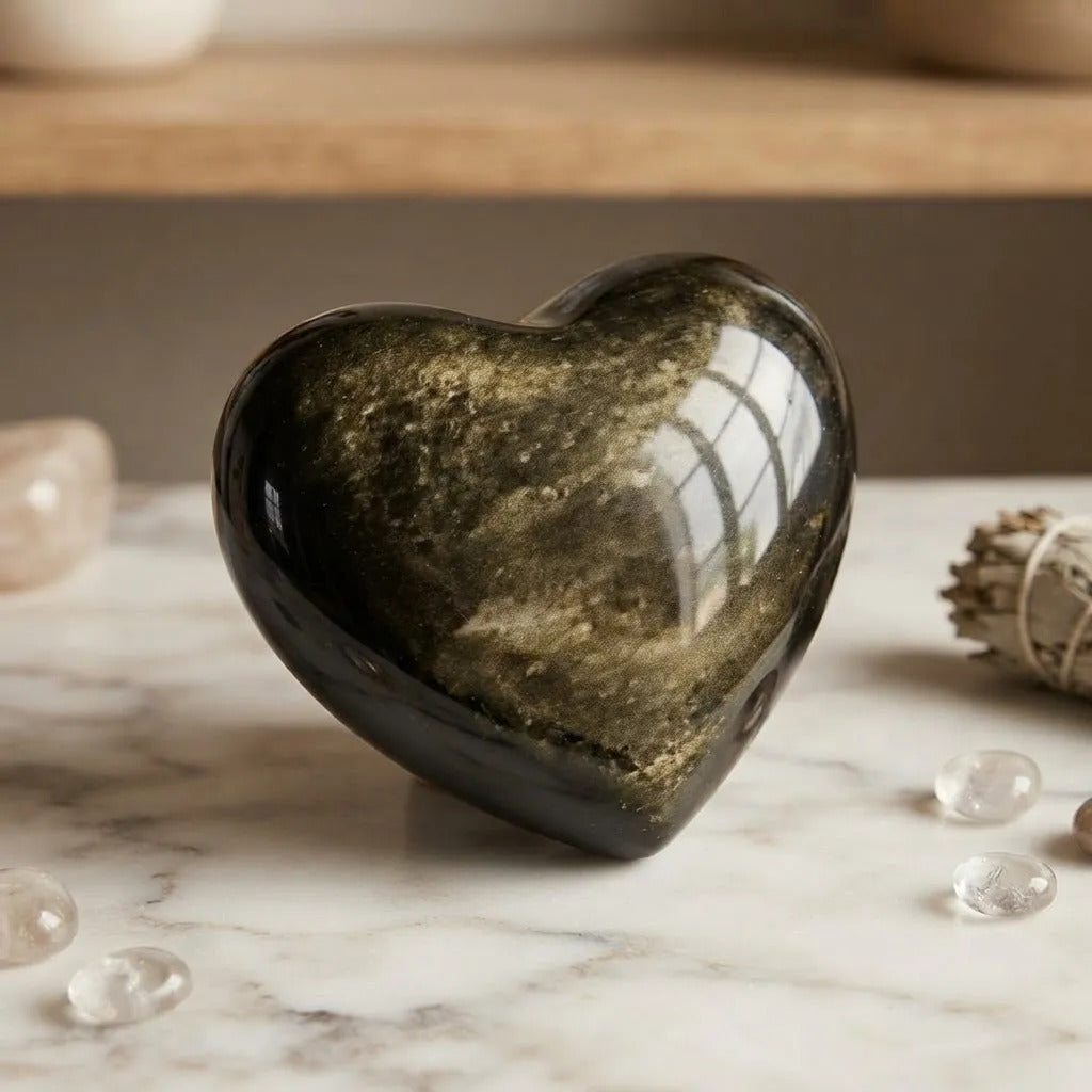 Figura Corazón Obsidiana Dorada Artesanal Protección Energía Corazón