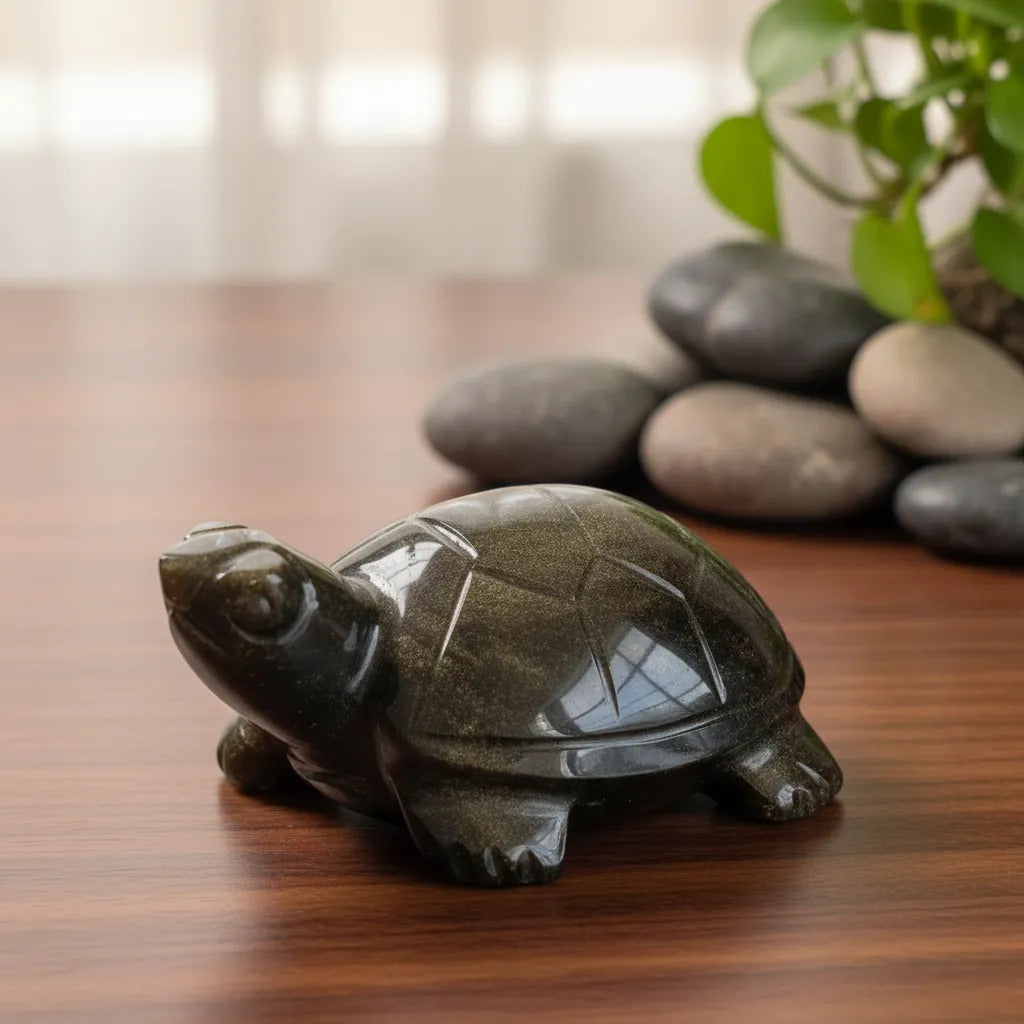 Figura Tortuga Obsidiana Dorada 10 Cm Artesanal Protección