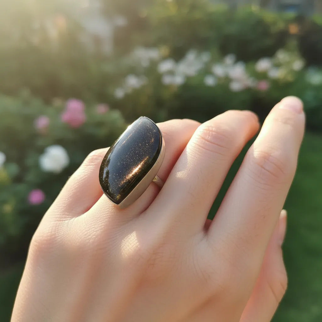 Anillo Obsidiana Dorada Ajustable Protección Forma A Elegir