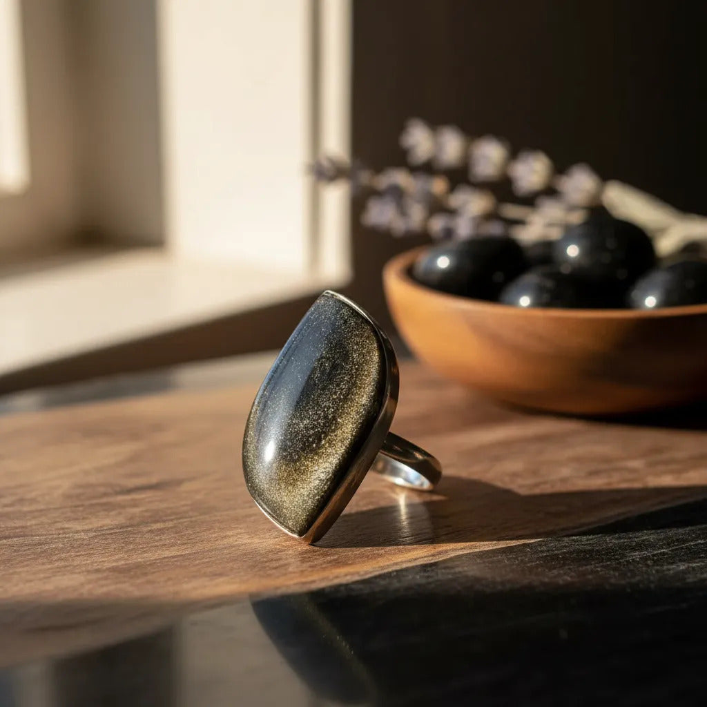 Anillo Obsidiana Dorada Ajustable Protección Forma A Elegir