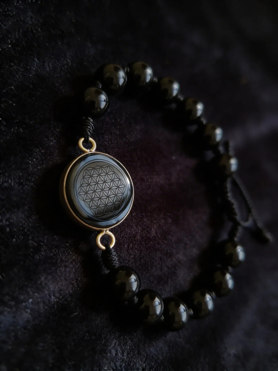 Pulsera Ajustable Obsidiana Con Flor De La Vida Armonía