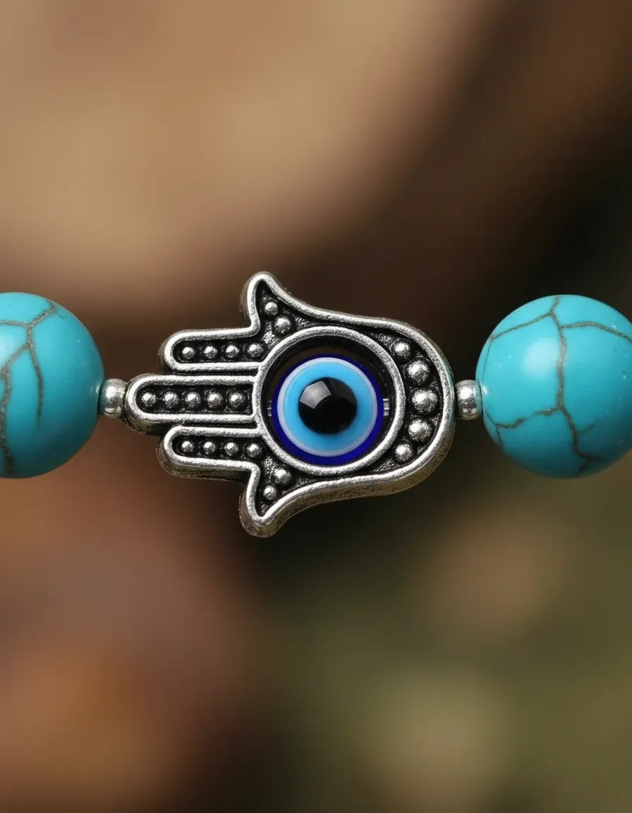 Pulsera Turquesa Natural Mano De Fátima Ojo Turco Protección