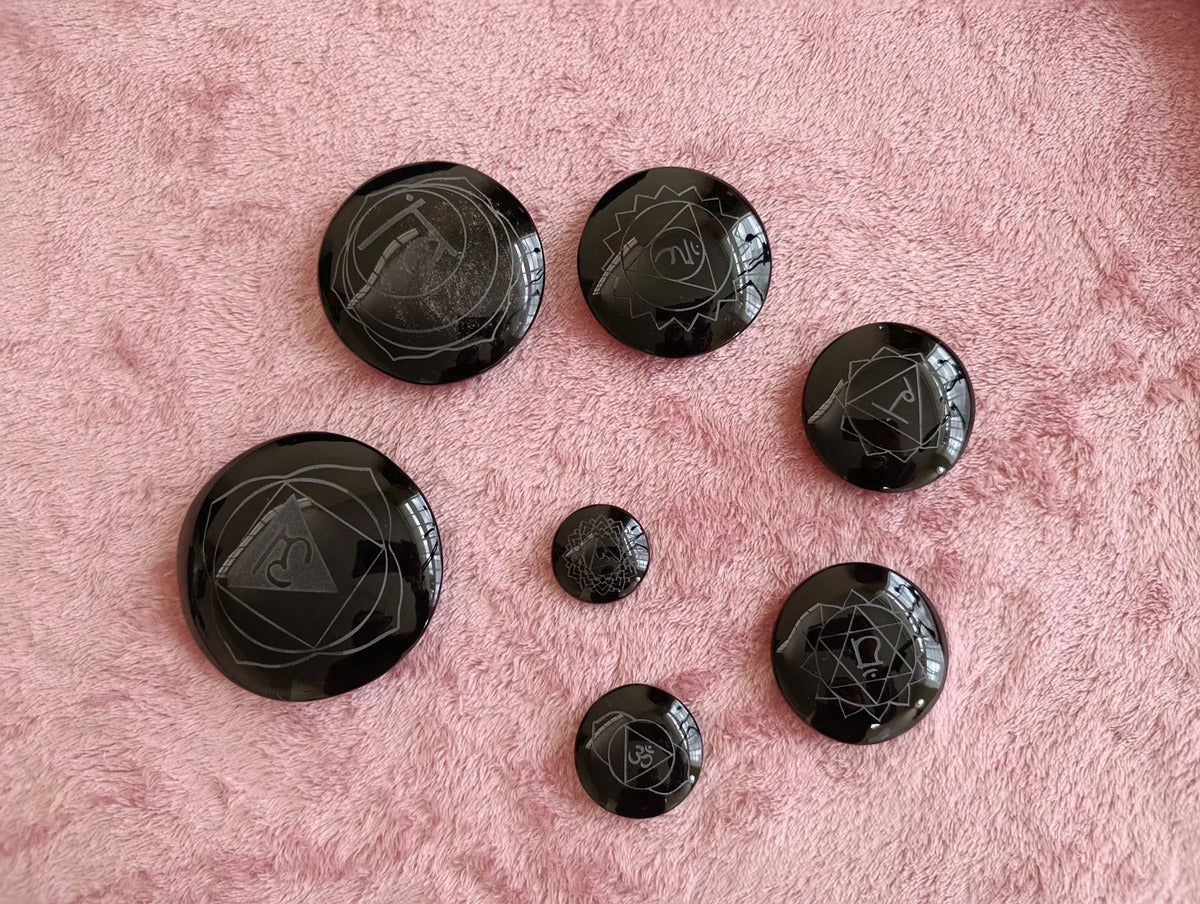 Set 7 Chakras Obsidiana Grabada Equilibrio Energético