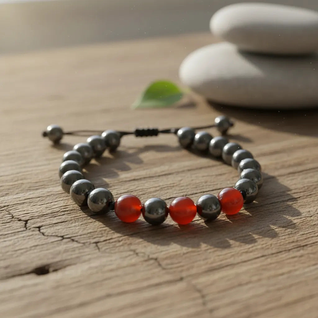 Pulsera Ajustable Hematita Piedra Natural Fuerza Equilibrio Con Cornalina 35 Cm