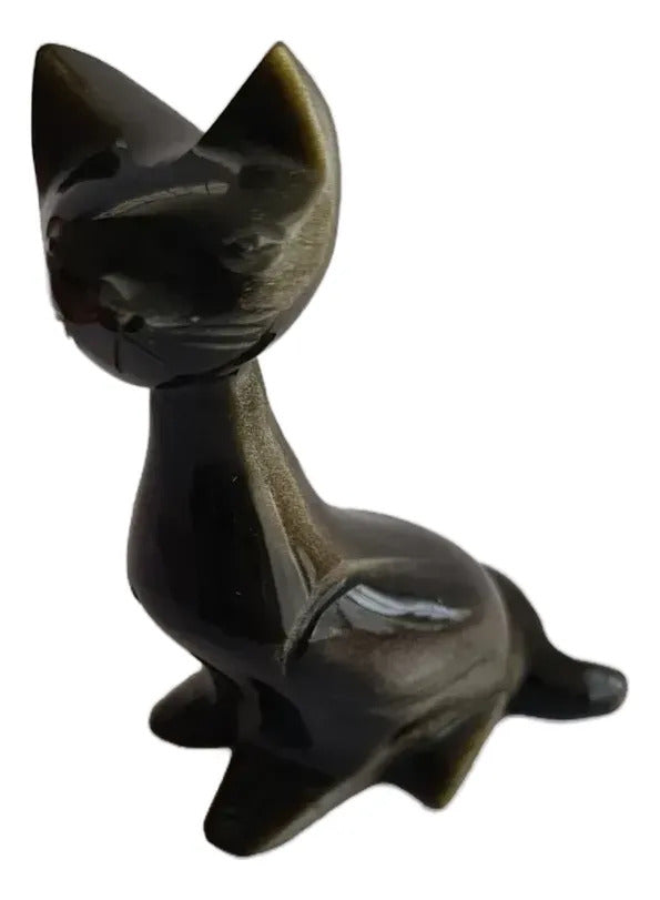 Figura Gato Obsidiana Dorada 9 Cm Artesanal Protección