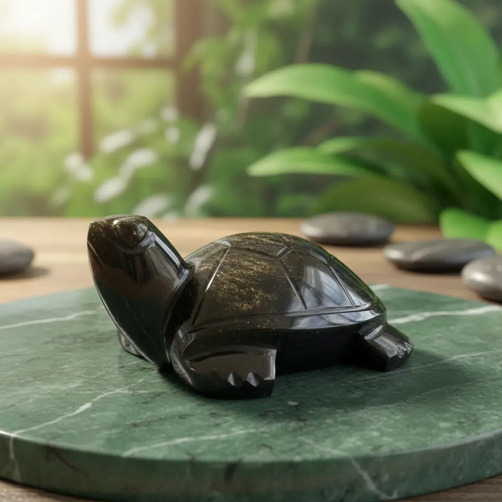 Figura Tortuga Obsidiana Dorada 10 Cm Artesanal Protección