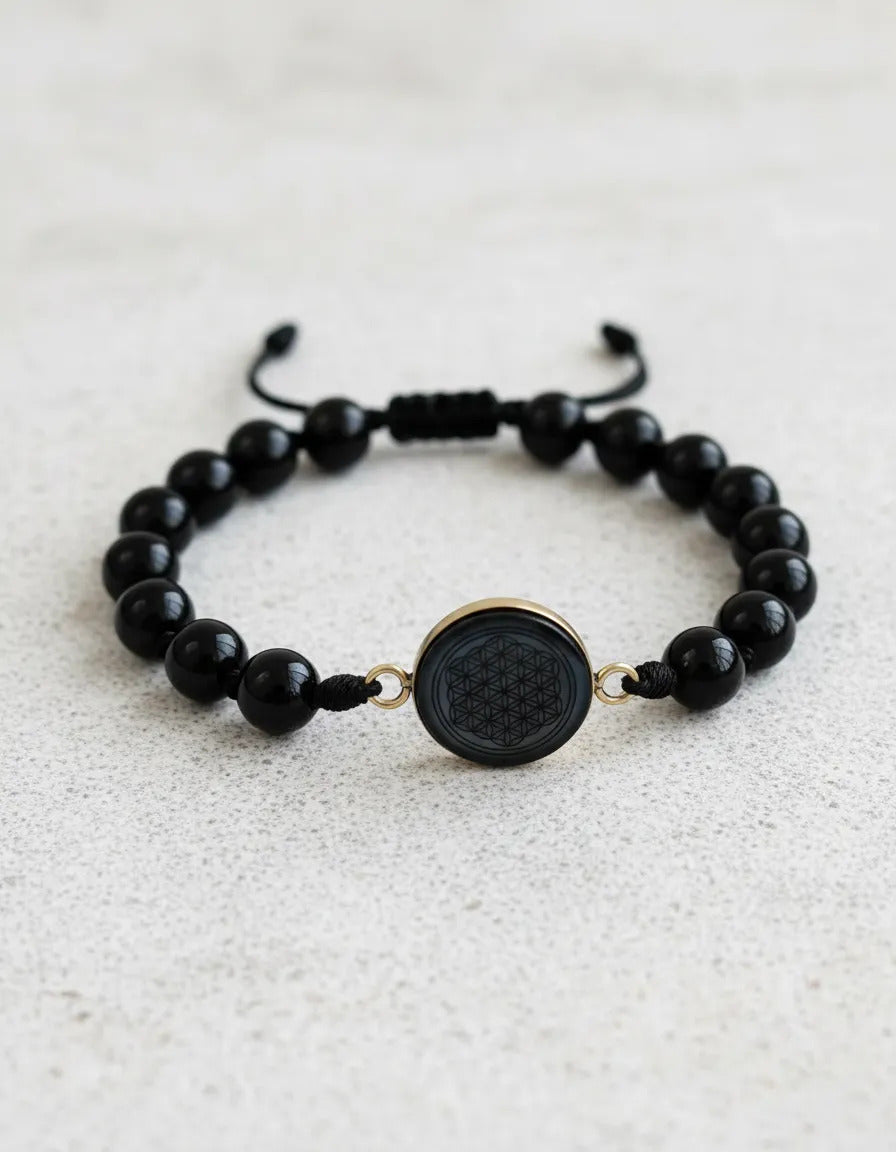 Pulsera Ajustable Obsidiana Con Flor De La Vida Armonía