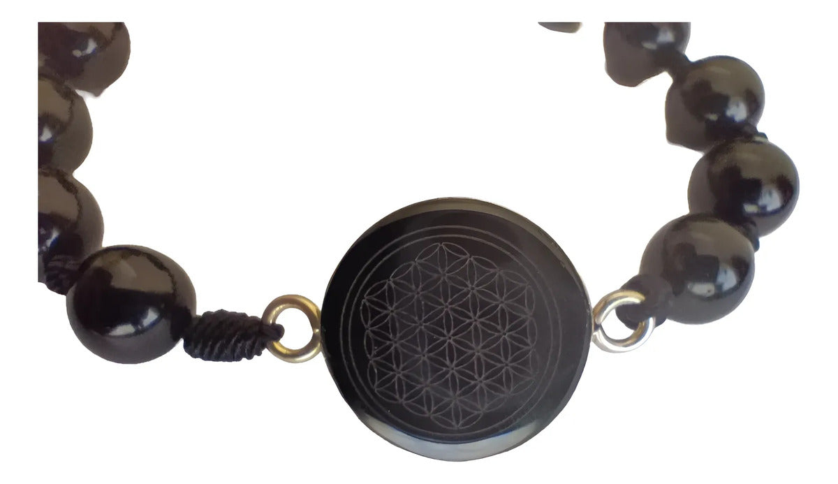 Pulsera Ajustable Obsidiana Con Flor De La Vida Armonía