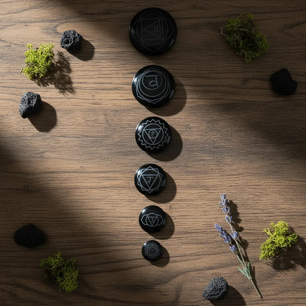 Set 7 Chakras Obsidiana Grabada Equilibrio Energético