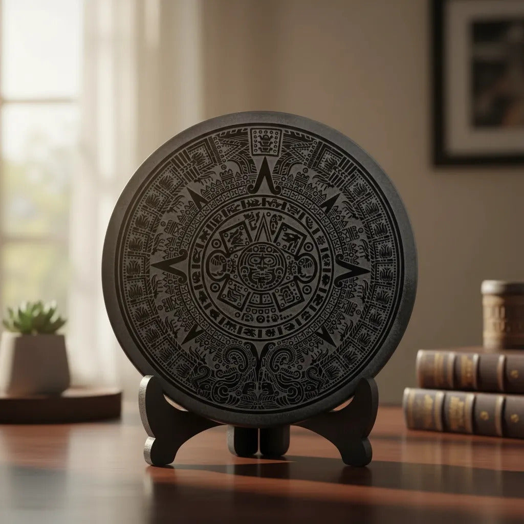 Espejo Obsidiana 10 Cm Grabado Piedra Sol Calendario Azteca