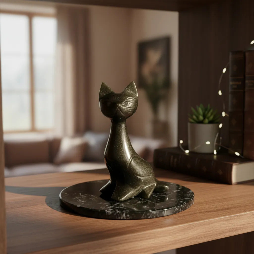 Figura Gato Obsidiana Dorada 9 Cm Artesanal Protección