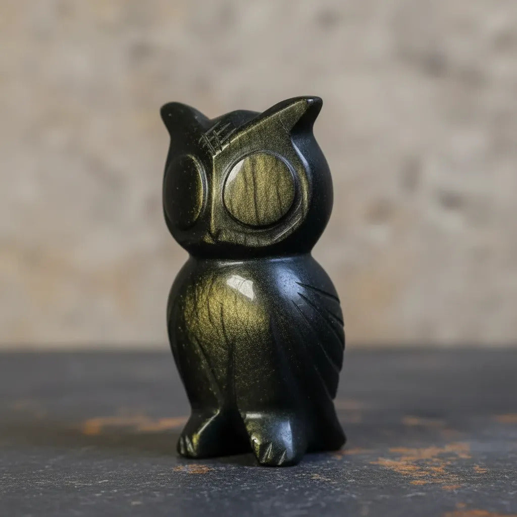 Figura Búho Obsidiana Dorada 9 Cm Artesanal Protección