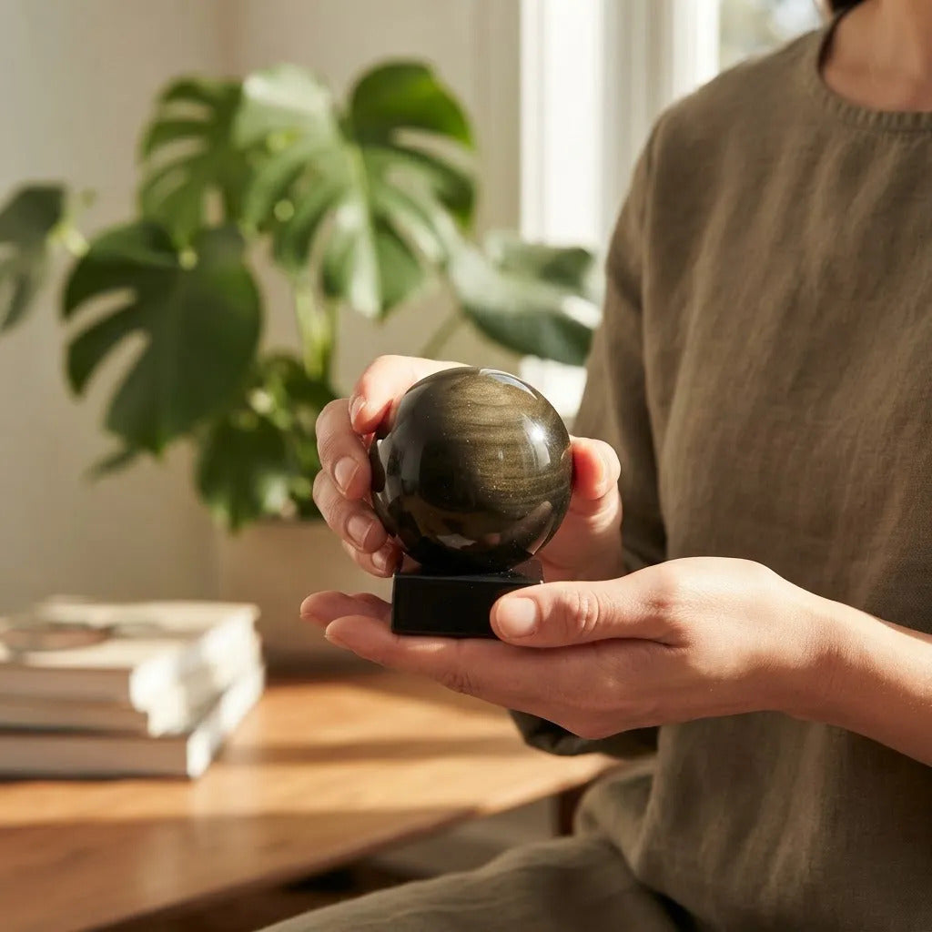 Esfera Obsidiana Dorada Con Base Protección Energética Obsidiana Dorada