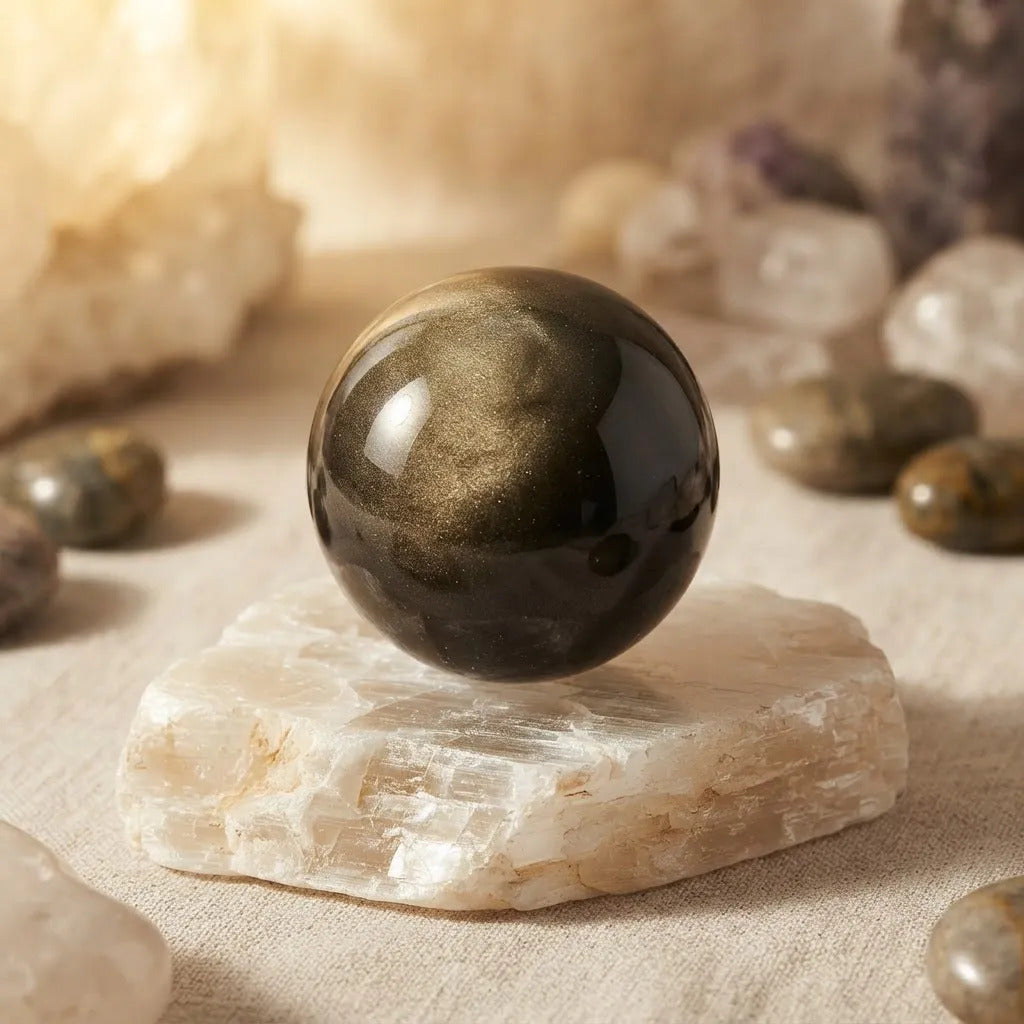 Esfera Obsidiana Dorada Con Base Protección Energética Obsidiana Dorada