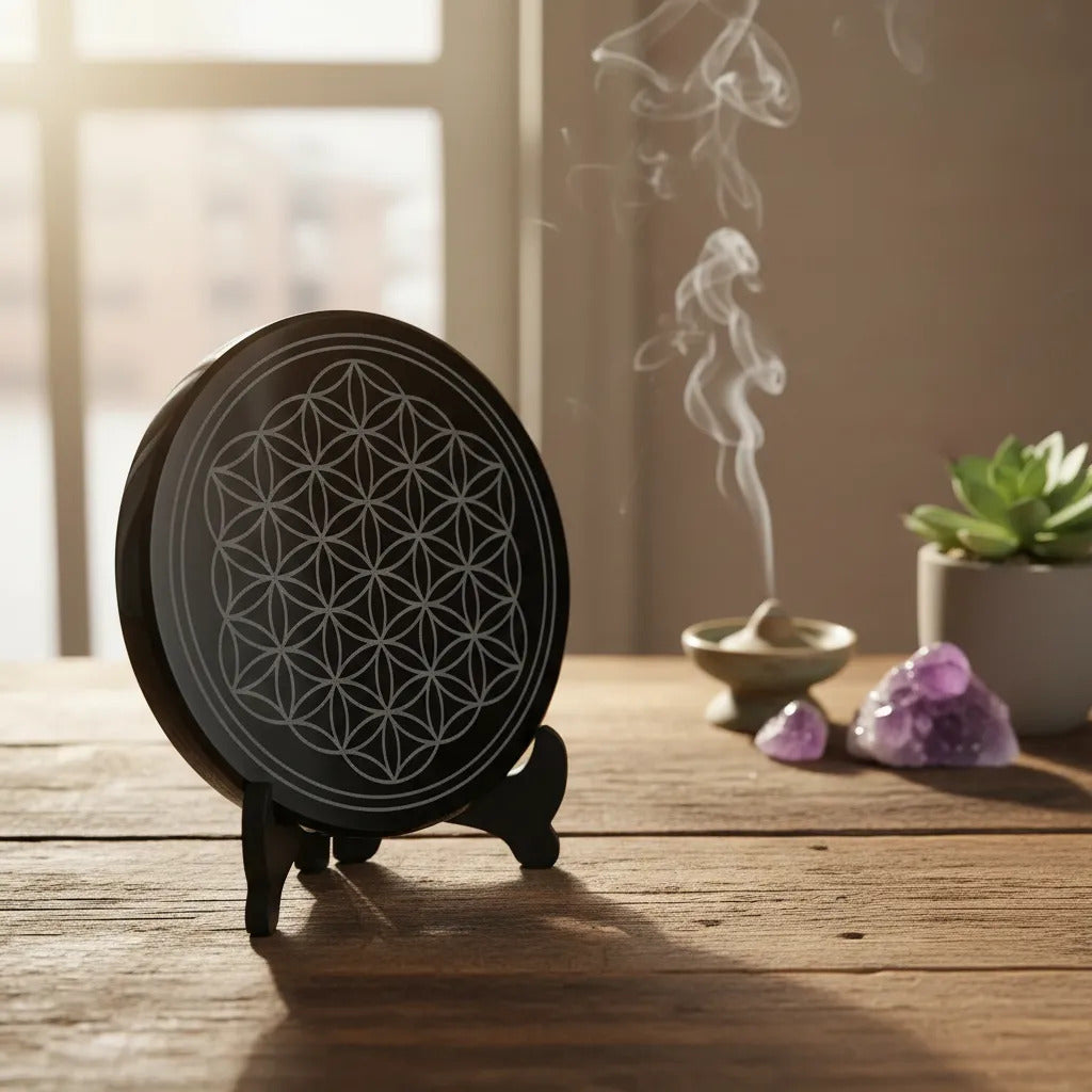 Espejo Obsidiana 10cm Grabado Protección Energética A Elegir