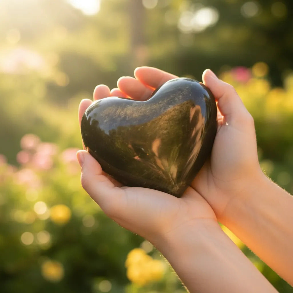 Figura Corazón Obsidiana Dorada Artesanal Protección Energía Corazón