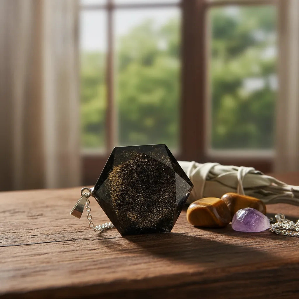 Dije Prisma Hexagonal Obsidiana Dorada 4 Cm Protección