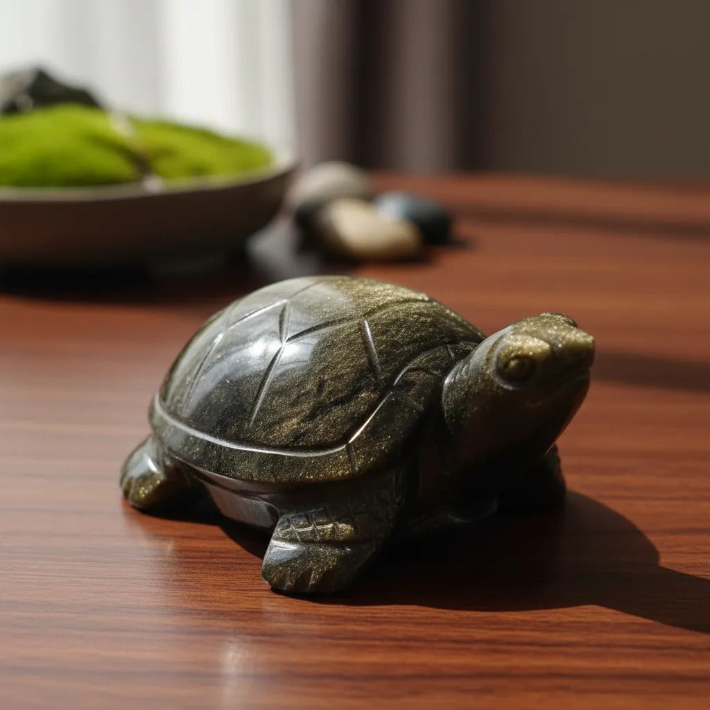 Figura Tortuga Obsidiana Dorada 10 Cm Artesanal Protección