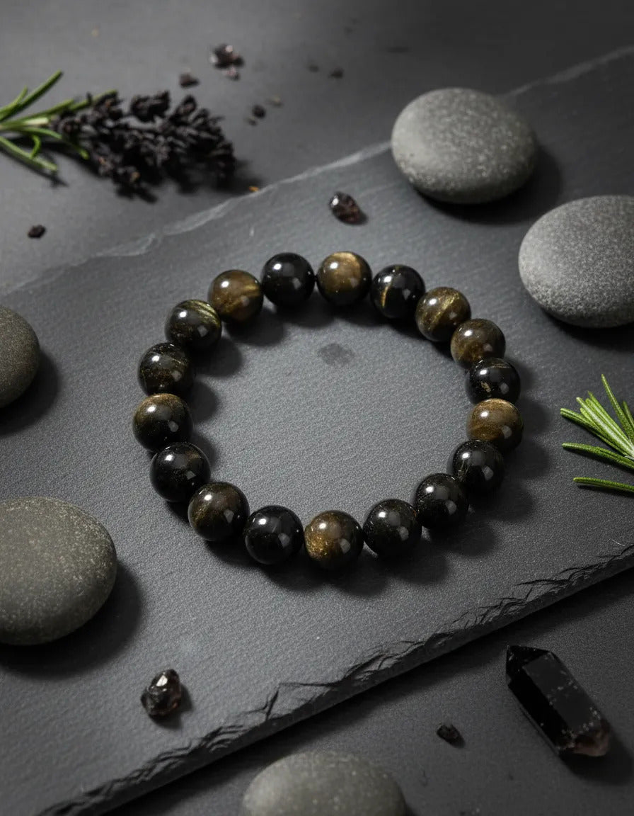 Pulsera Elástica Obsidiana 12 Mm Protección Equilibrio