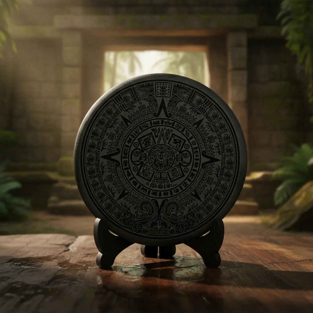 Espejo Obsidiana 10 Cm Grabado Piedra Sol Calendario Azteca
