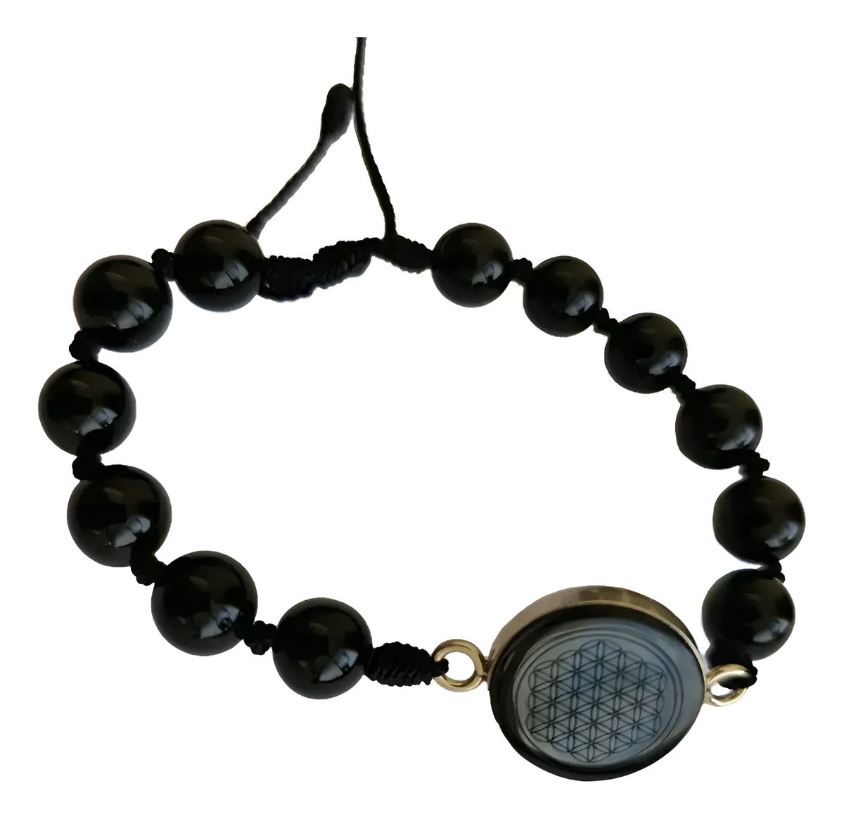Pulsera Ajustable Obsidiana Con Flor De La Vida Armonía